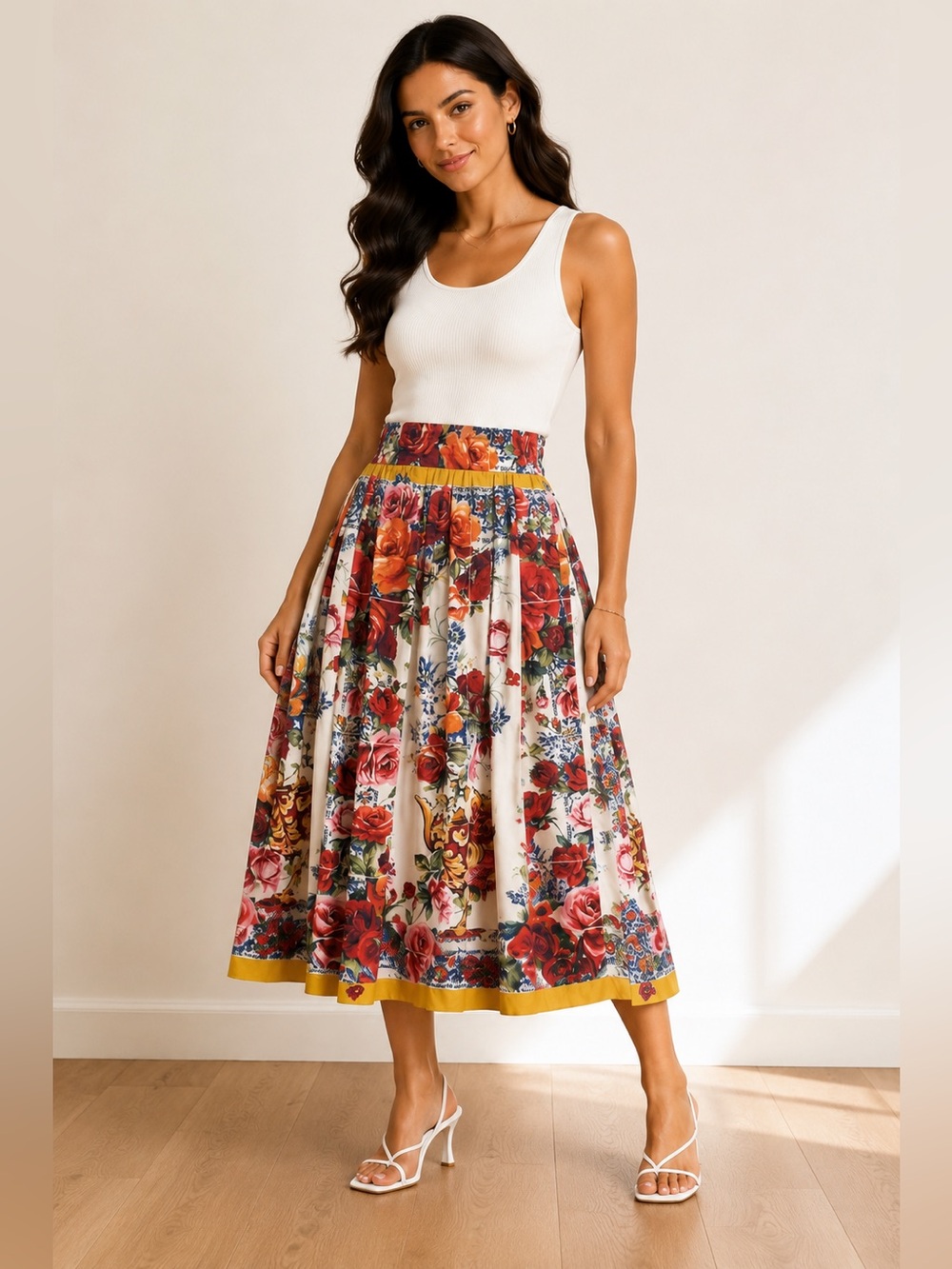 Dolce & Gabbana Cream Floral Midi Skirt with Yellow Trim - Picture 3 of 12